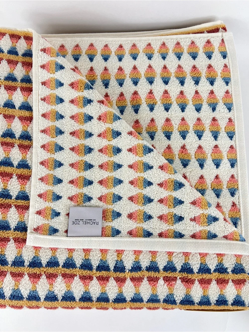 Rachel Zoe Geometric Bath Towel Set Blue Rust Cream 100% Cotton 8 Pc NEW
